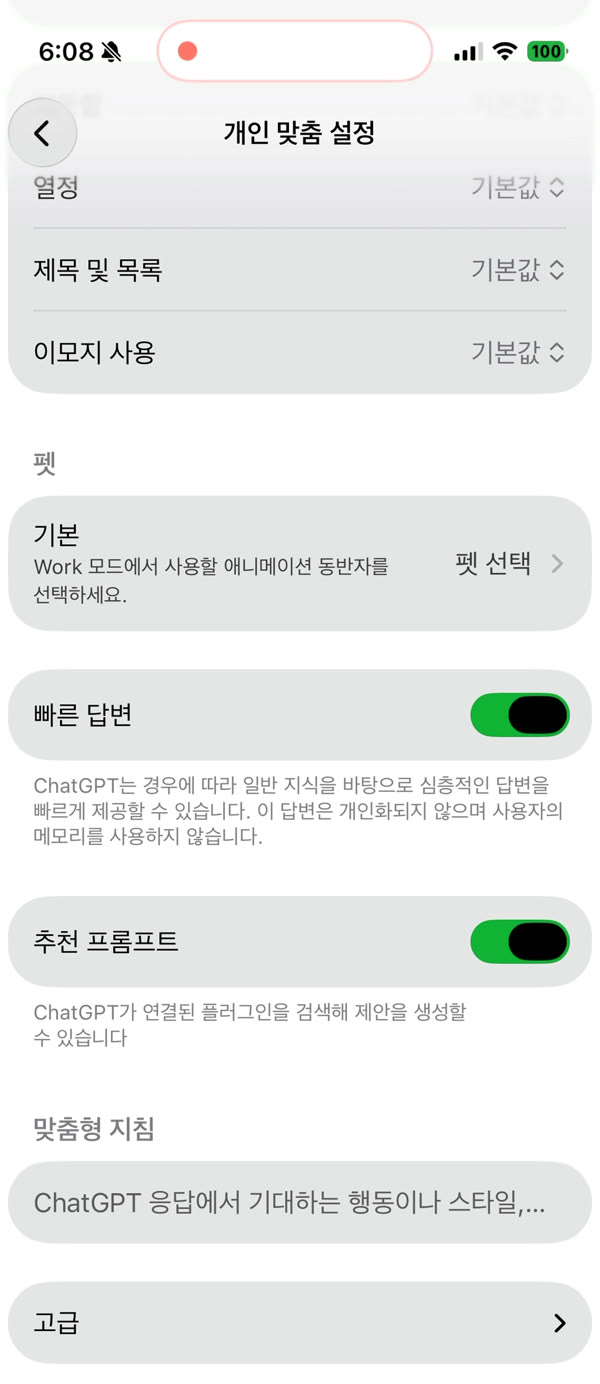 맞춤형 지침 칸